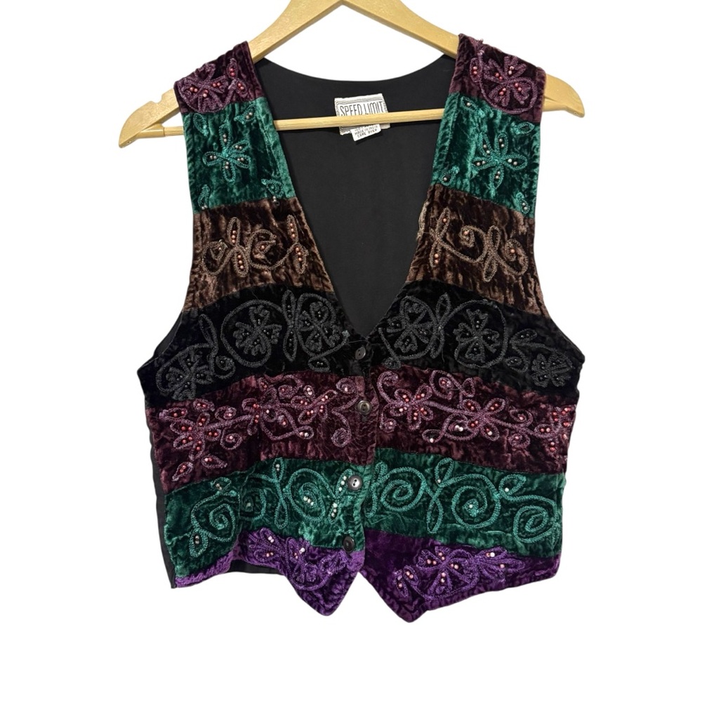 Speed Limit Vintage Y2K Medium Black Teal Purple Velvet Beaded Vest Whimsigoth